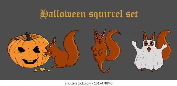 Vector halloween isolated icons set. Squirrel carves a festive pumpkin, the other dresses up as a ghost. Another one is a pretty spirit with a pink bow.