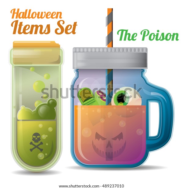 Vector Halloween
items set of poison. The bottle with tube for drinking. In bottle
you can see any skull, bones, eye, finger and tube. Can be used for
case, prints or logotype. 
