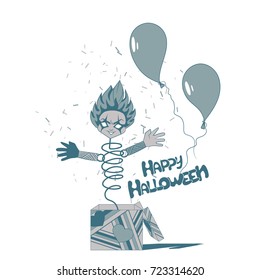 Vector halloween joke card of jack-in-the-box as a toy clown with balloons and text.