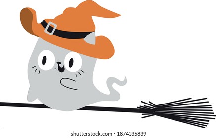 Vector halloween gatito fantasma en el personaje de la escoba