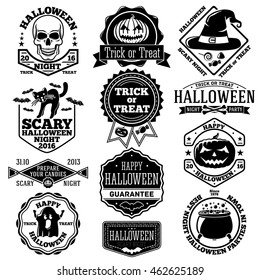 Vector Halloween labels, badges set. With kcull, pumpkin, cat, bats, ghost, candies etc.