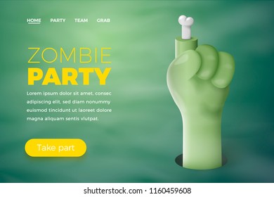 Vector Halloween landing page concept - cartoon 3d realistic zombie hand pointing at the top, with place for your text.