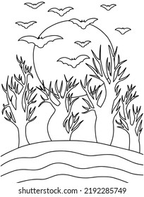 Vector Halloween landscape coloring page. Scary trees with moon and bats black and white vector sketch