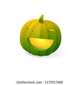 Vector halloween laughing green pumpkin isolated on white background. With candle light inside