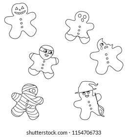 Vector Halloween lines pattern illustration of 6 cartoon cookies in party costume of pumpkin, ghost, witch with a hat and broom, mummy, bitten gingerbread man