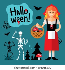 Vector Halloween Little Red Riding Hood Cartoon Illustration.