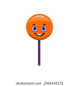 Vector Halloween lollipop. With eyes and mouth. In cartoon style. For flyer, sticker, card, logo, symbol.  Stock isolated illustration on white background.