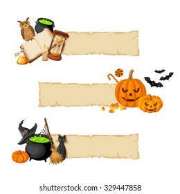 Vector Halloween magic banners with book, cauldron, hourglass, owl, jack-o-lanterns, bats, cat, broom, pumpkin and witches hat.