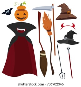 Vector Halloween magic equipment and clothes set. Hat, raincoat, trident and others.