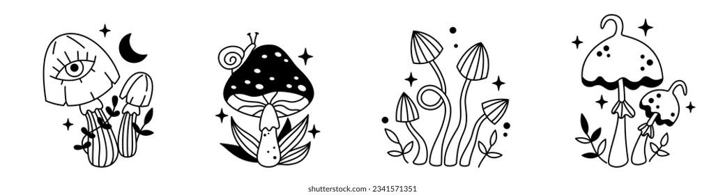 Vector halloween magic set of mushrooms and stars in black color. Mystical line fungi. Outline celestial elements. Fairytale magic mushroom collection. Witchy esoteric mystic mushrooms.