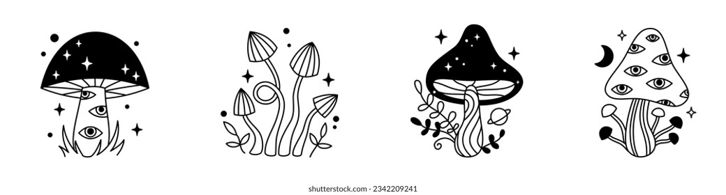 Vector halloween magic set of mushrooms and stars in black color. Mystical line fungi. Outline celestial elements. Fairytale gothic mushroom collection. Witchy esoteric mystic mushrooms with eyes.