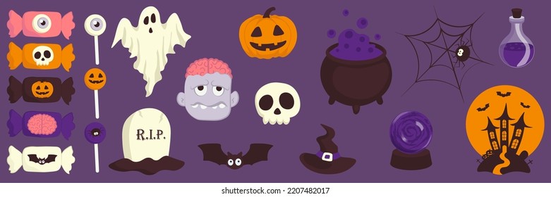 Vector Halloween mega set with candy,ghost,grave,zombie,bat,skull,pumpkin,witch hat,potion cauldron,spider,castle,potion flask,magic ball.Use for event invitation,greeting card,logo,packaging,web.