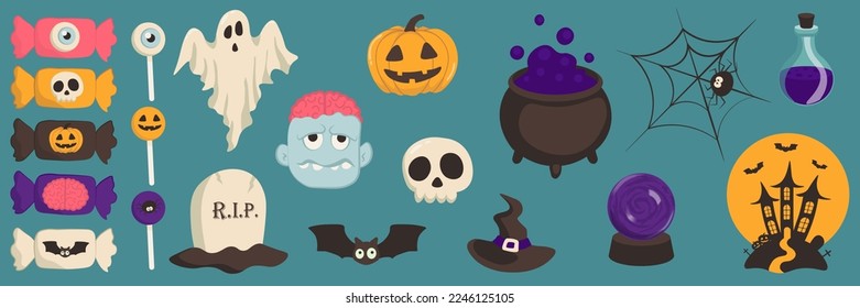 Vector Halloween mega set with candy,ghost,grave,zombie,bat,skull,pumpkin,witch hat,potion cauldron,spider,castle,potion flask,magic ball.Use for event invitation,greeting card,logo,packaging,web.