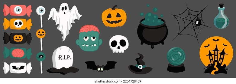 Vector Halloween mega set with candy,ghost,grave,zombie,bat,skull,pumpkin,witch hat,potion cauldron,spider,castle,potion flask,magic ball.Use for event invitation,greeting card,logo,packaging,web.