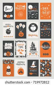 Vector Halloween mega set of greeting card, flyer poster templates. Hand drawn traditional symbols and lettering. Vector collection with pumpkins, owl, ghost, moon. Perfect for party invitation.