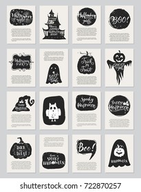 Vector Halloween mega set of greeting cards, flyer, poster templates Hand drawn traditional symbols, lettering and text Vector collection with pumpkins, house, ghost, moon Perfect for party invitation