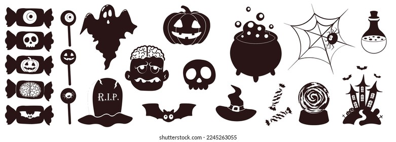 Vector Halloween mega set with silhouette candy,ghost,grave,zombie,bat,skull,pumpkin,witch hat,potion cauldron,spider,castle,potion flask,magic ball.Use for event invitation,greeting card,logo,web.