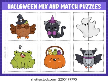 Vector Halloween mix and match puzzle with cute kawaii characters. Matching Samhain party activity for preschool kids. Educational printable game with owl, bat, ghost, pumpkin lantern
