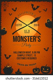 Vector Halloween Monster Party Poster Invitation Template. With Bats, Pumpkins, Moon and Shabby Texture. Retro Typography.