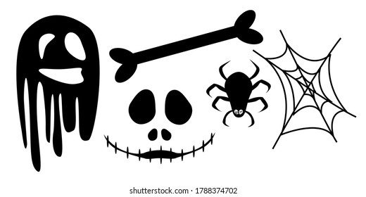 vector halloween monsters set of  blak icons ghost, bones, spider, cobweb isolated on white background for invitations