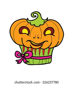 Vector Halloween muffin with pumpkin. Retro cartoon Halloween character - funny jack-o-lantern as cupcake illustration. Eps 8.