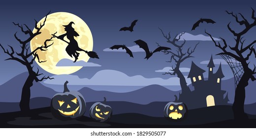 Vector Halloween night background landscape with Jack-O’-Lanters, the Moon, bats and trees.