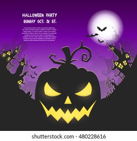 Vector Halloween night background with pumpkins scary face and creepy city. Perfect for greeting card, flyer, banner, poster templates and invitations.