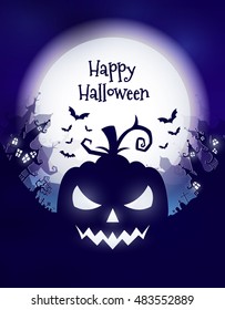 Vector Halloween night background with pumpkins scary face and creepy city. Perfect for greeting card, flyer, banner, poster templates and invitations.