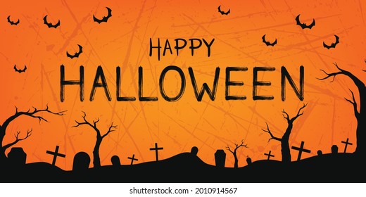 Vector halloween night banner background. Happy Halloween hand drawn text.