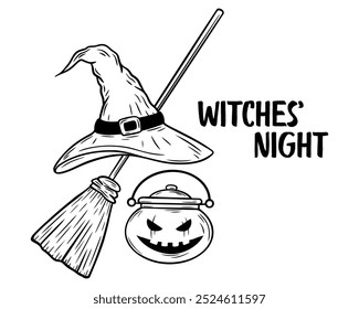 Vector Halloween witches’ night illustration with witch hat, broom and a potion cauldron in line art style. Graphic monochrome drawing. Hand drawn outline sketch, engraved illustration.