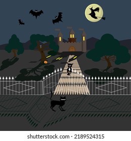 Vector Halloween night landscape with castle, bats, cat, owl and pumpkin. Flying witch on the background of the moon.