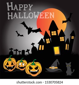 Vector Halloween night pumpkin black background, template for Halloween party. illustration.