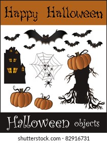 vector Halloween objects - bat pumpkin spider web house tree