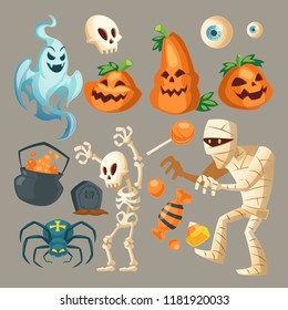 Vector Halloween objects - scary ghost, spooky mummy and dark spider. Cartoon skeletons, different pumpkins with sweet candies isolated on gray background. Cute elements for the October holiday.