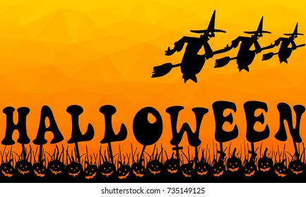 Vector Halloween orange polygonal mosaic background with witches and pumpinks