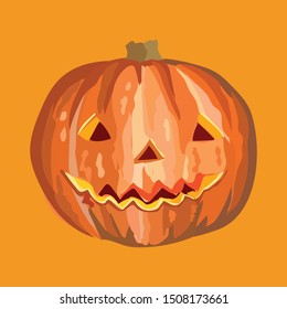 Vector Halloween orange pumpkin with scary smile isolated on orange background, colorful vector stock illustration