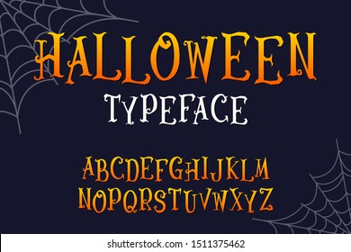 Vector Halloween Original Typeface. Scary Creepy Style Font With Web For Post Cards, Banners, Posters. Hand Drawn Halloween Alphabet