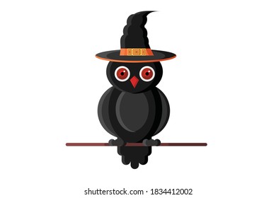 Vector of Halloween Owl with Red Eyes and Witch Hat