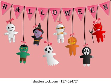Vector Halloween paper art. cookie cartoon with flags pastel tone Background.