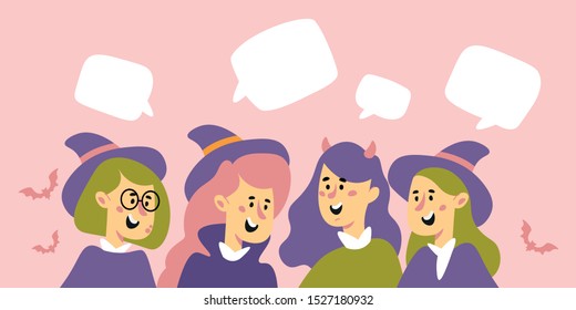 Vector Halloween party banner, flyer, poster, landing page or blog post with cartoon people in a witch and vampire costume. Corporate 
masquerade ball invitation