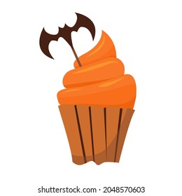 Vector halloween party cake with pumpkin frosting and bat decoration. Halloween cake isolated on white background. Scary Halloween cake with orange glaze.