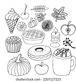 Vector Halloween Party Clipart Set. Food Illustration. Fall Celebration Menu. Fall Leaves. Pumpkins. Desserts. Party Icon Doodles.