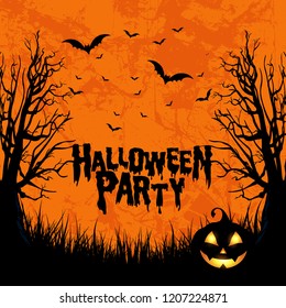 Vector Halloween Party Design with typographic elements and pumpkin on orange background.Bats and tree. Eps10 illustration.