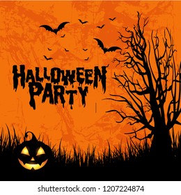 Vector Halloween Party Design with typographic elements and pumpkin on orange background.Bats and tree. Eps10 illustration.