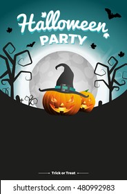 Vector Halloween Party illustration. Poster with moon, pumpkins and bats on greenish-blue background.