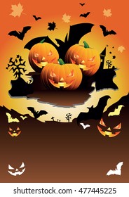 Vector Halloween Party illustration with pumpkin and bats on orange background. 