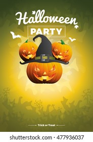 Vector Halloween Party illustration with pumpkins and bats on green background.