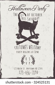 Vector Halloween Party Invitation with black cat and bones