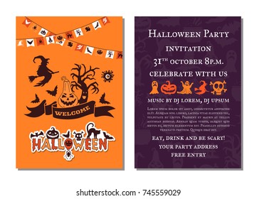 Vector halloween party invitation card template with creepy witches, pumpkins, ghosts, spiders silhouettes and garlands illustration