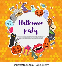 Vector Halloween party invitation. Doodle style elements around round white copyspace with a phrase halloween party